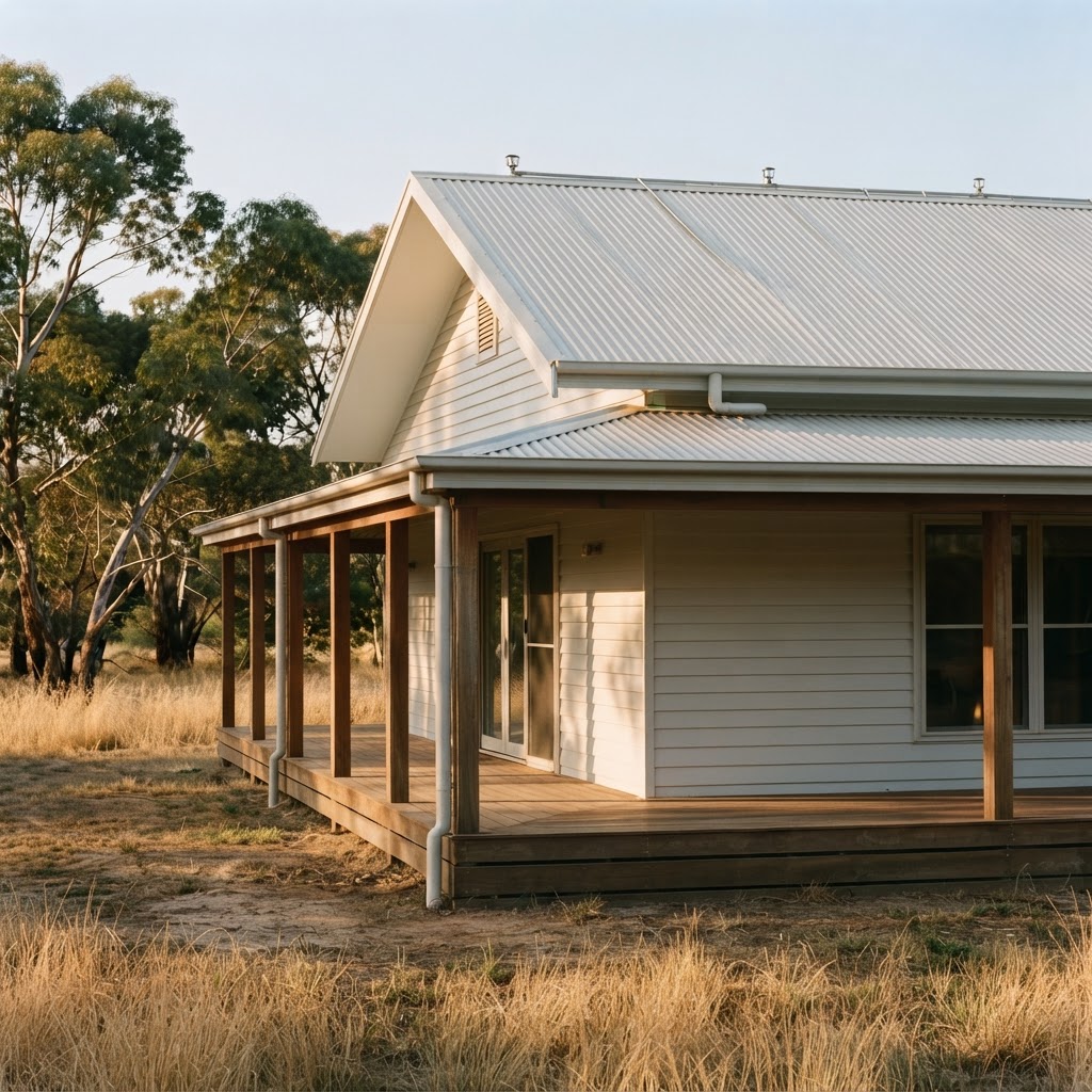 Closer three-quarter view: roof form, eaves, verandah and trees that come close to one side. The system is installed but not running.