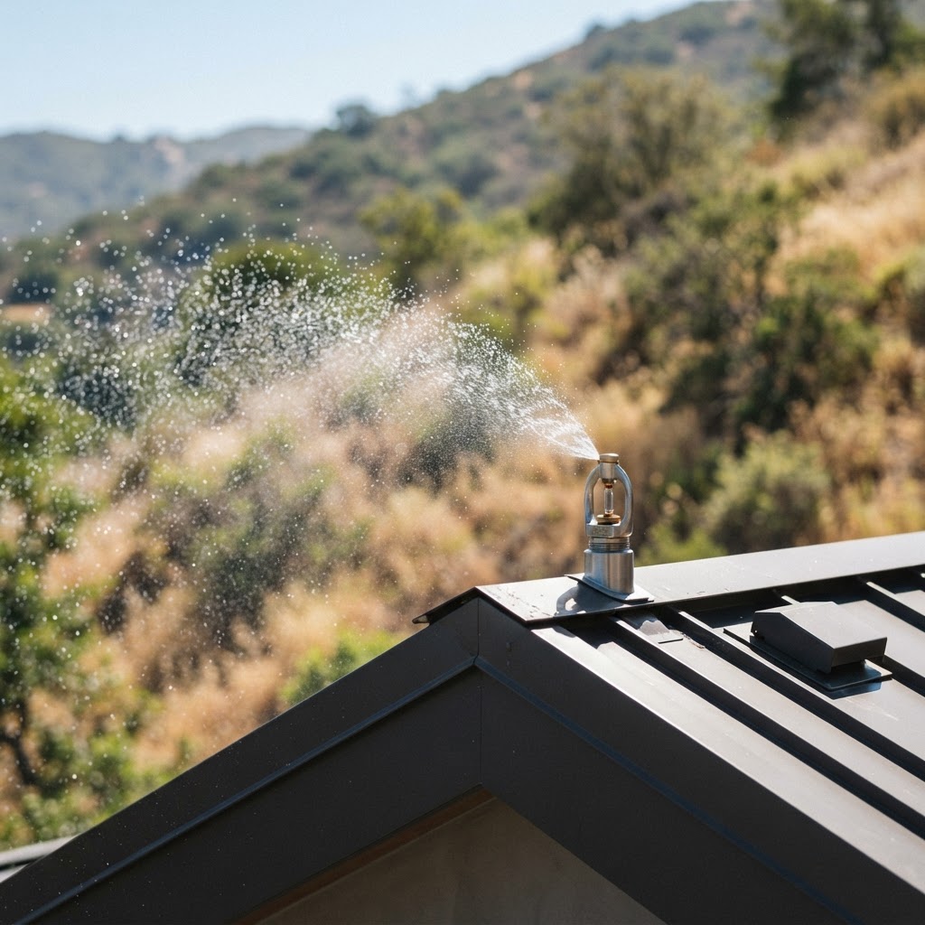 Engineered sprinkler head misting at a roof ridge