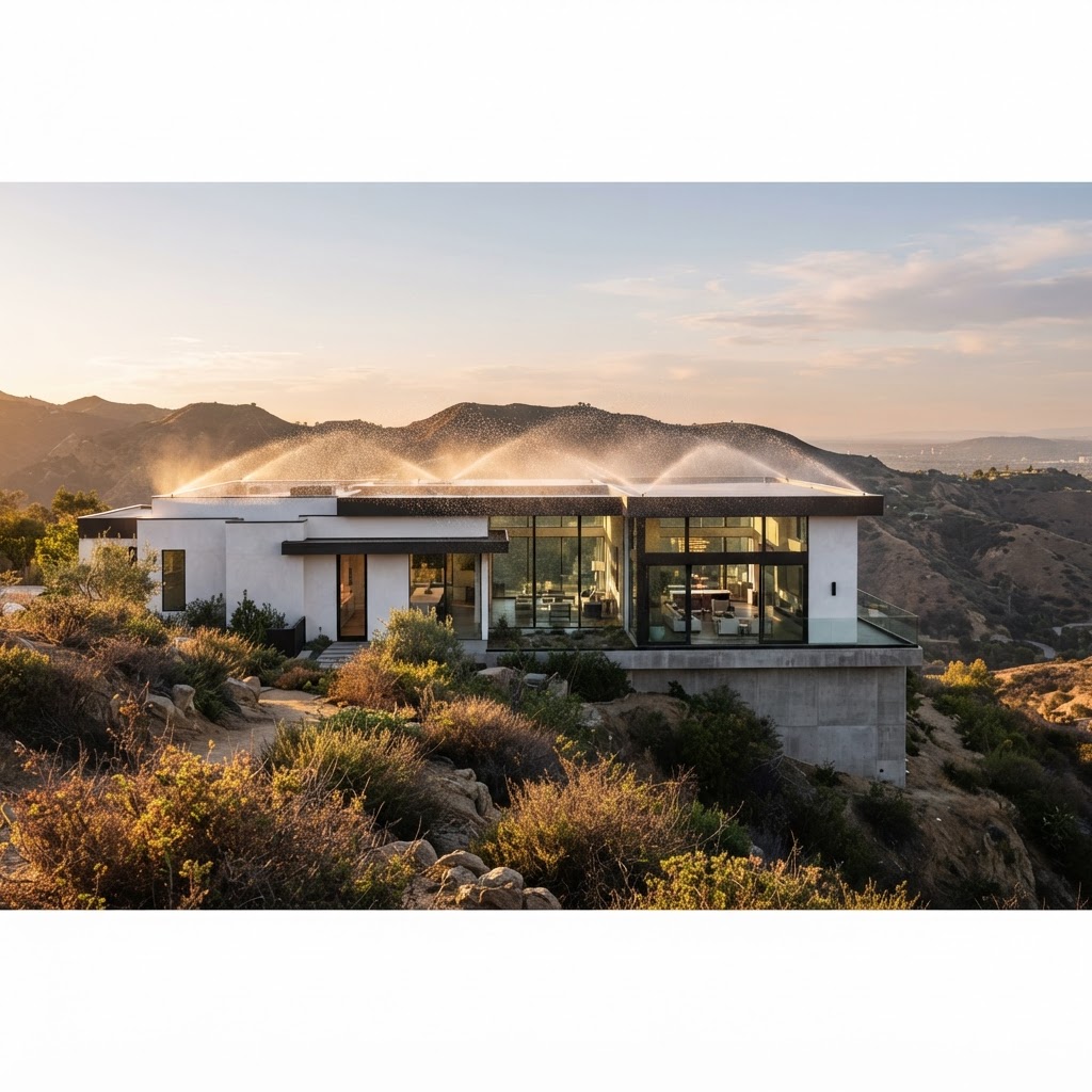 Sunlit hillside home with roof-mounted wildfire sprinklers misting over the roofline