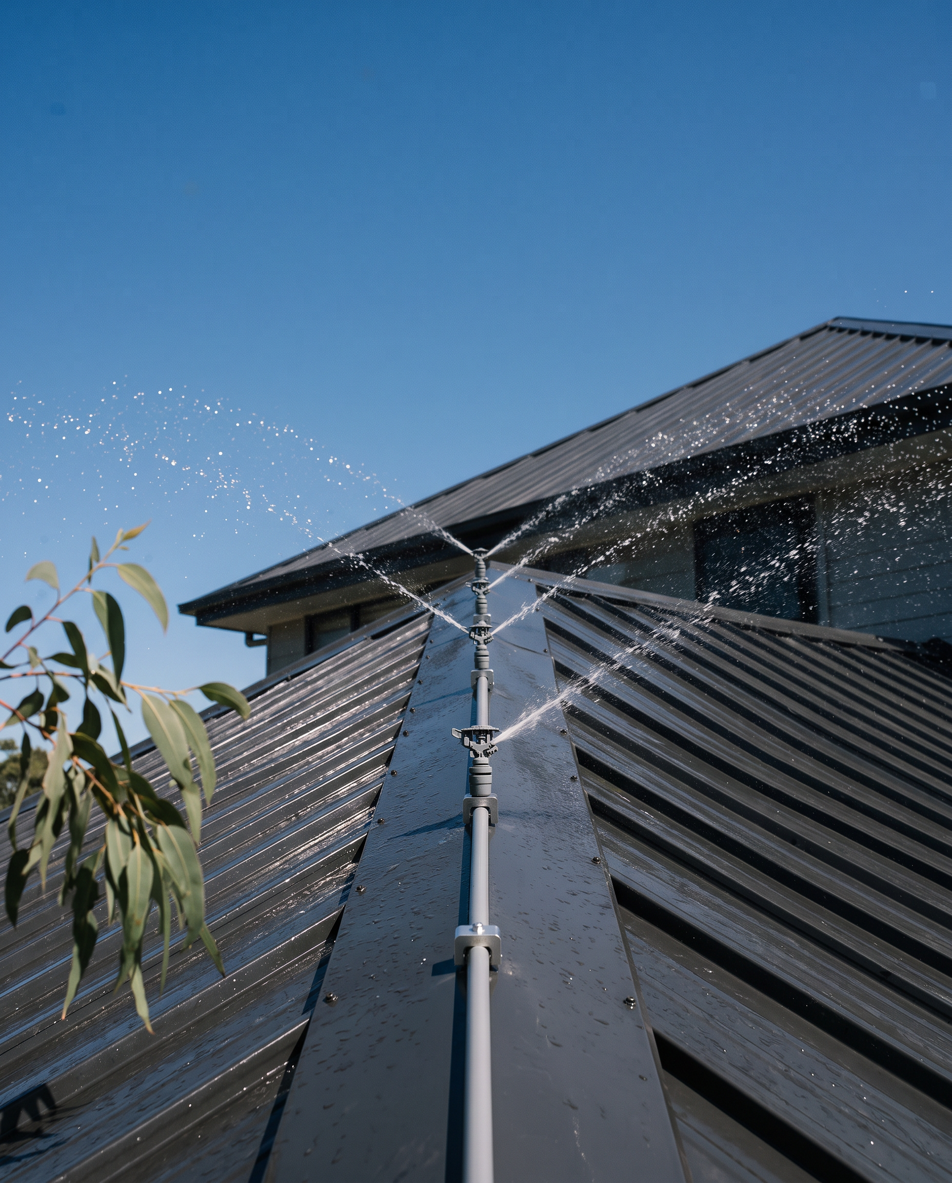 Low-angle hero up to a charcoal standing-seam ridge against a deep blue sky, four heads running with natural arcs.