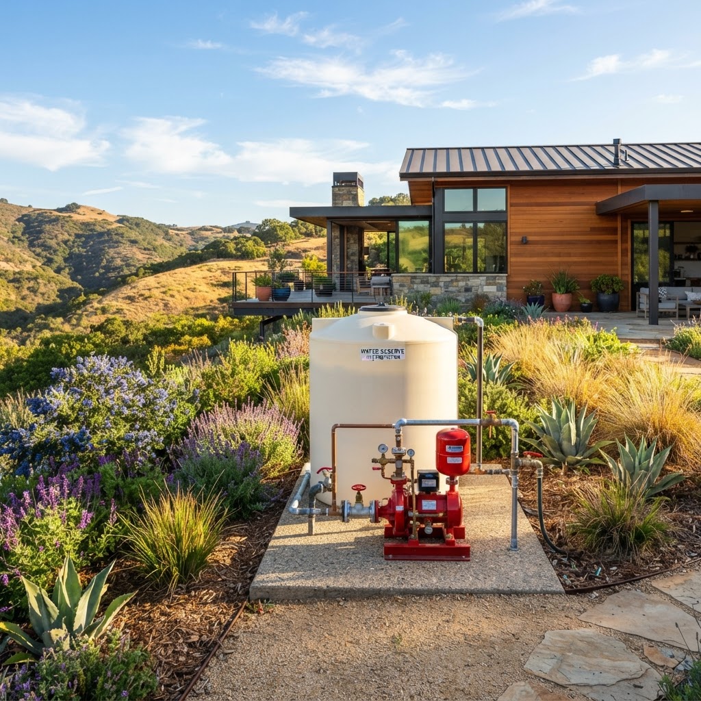 Dedicated Prodigy water storage tank and fire pump beside a modern California home