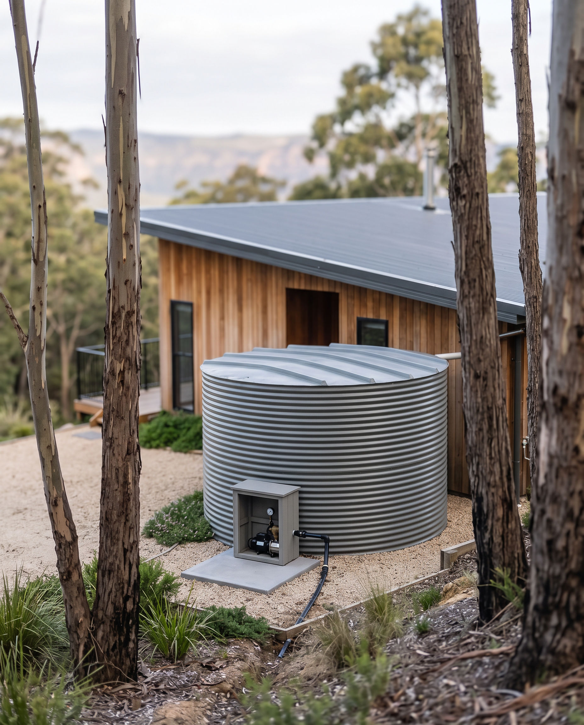 The same rainwater tank with a small pump enclosure and a buried line toward the house.