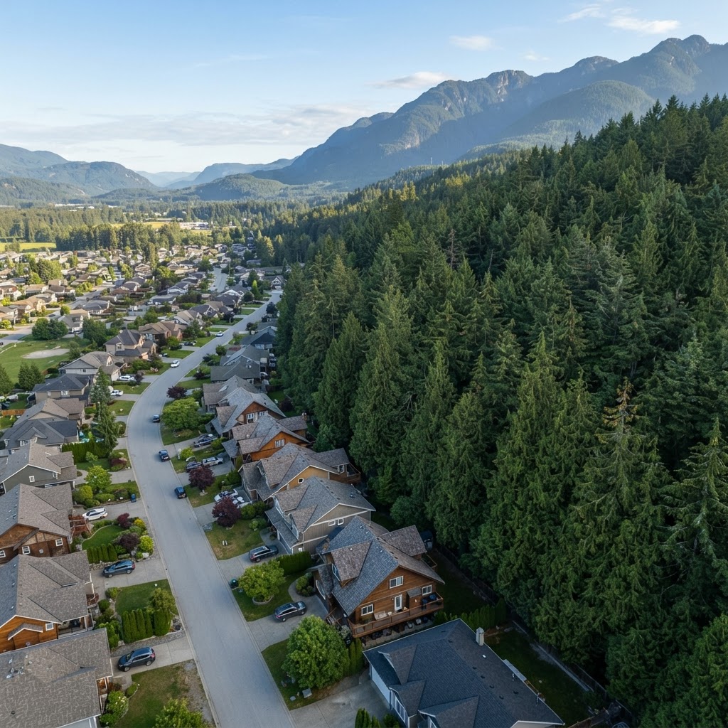 Suburban street meeting conifer forest, the wildland-urban interface