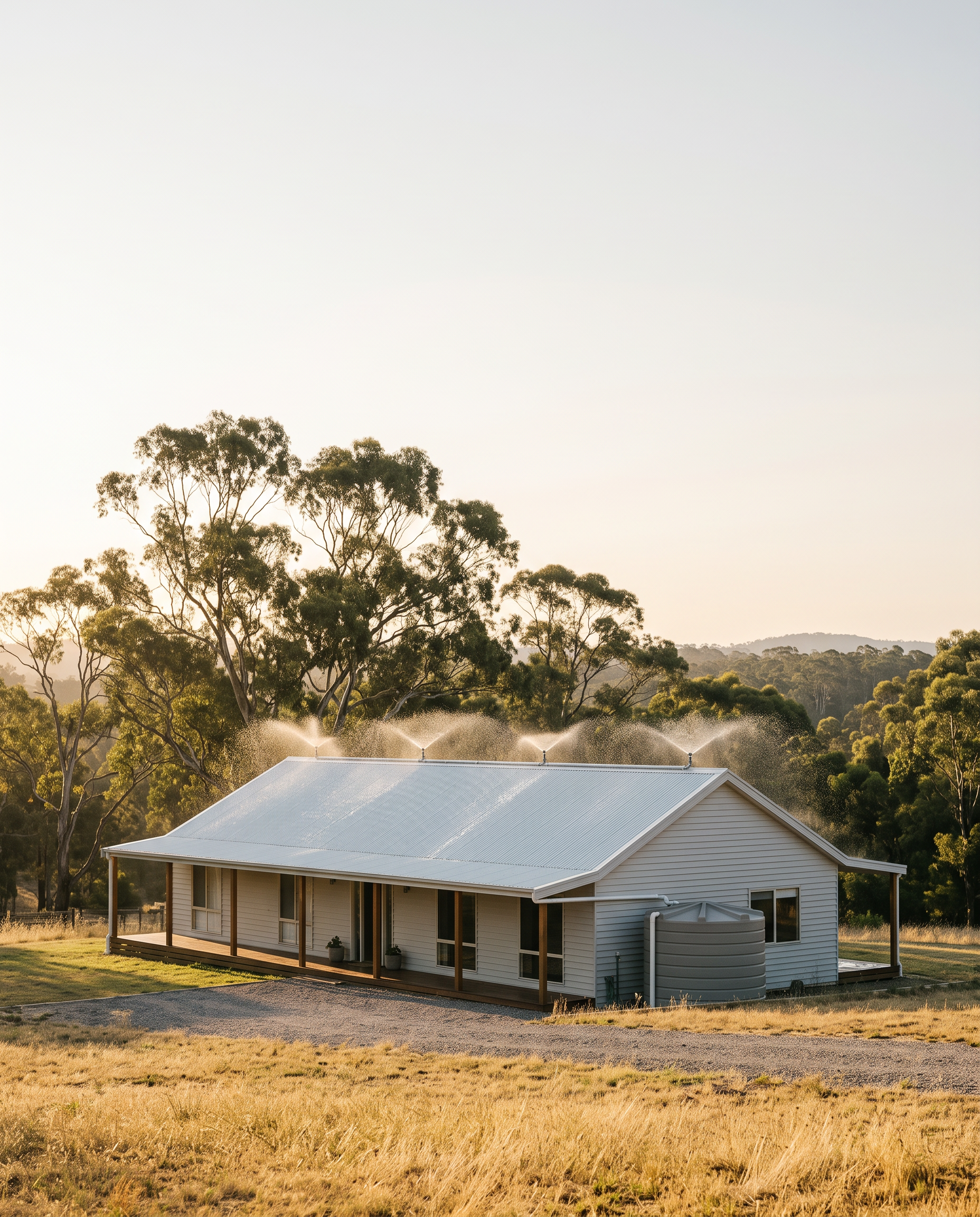 Wide hero of an Adelaide Hills farmhouse in early summer, gum trees and dry paddock behind, ridge sprinklers running with restrained arcs over a wet Colorbond roof.