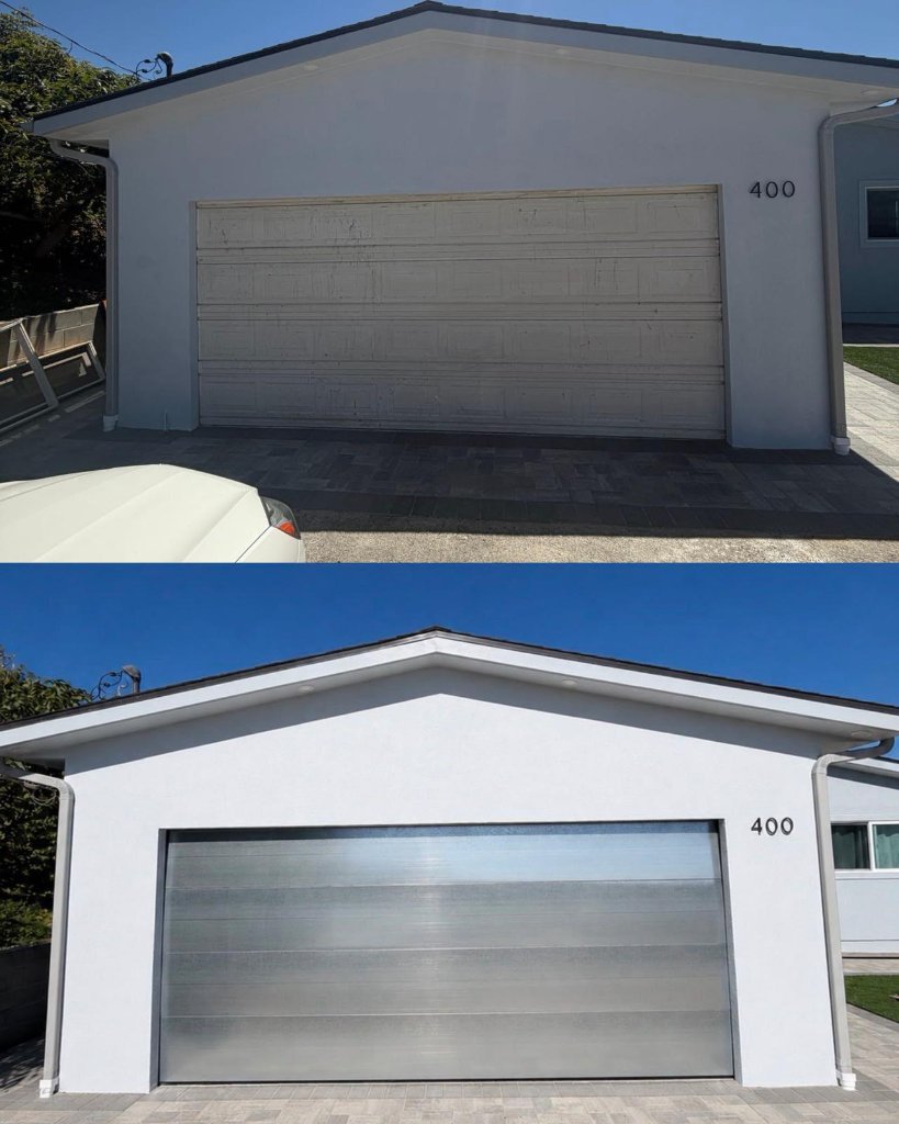 Before and after side-by-side of garage door replacement, old worn door replaced with a modern silver door at a Los Angeles home