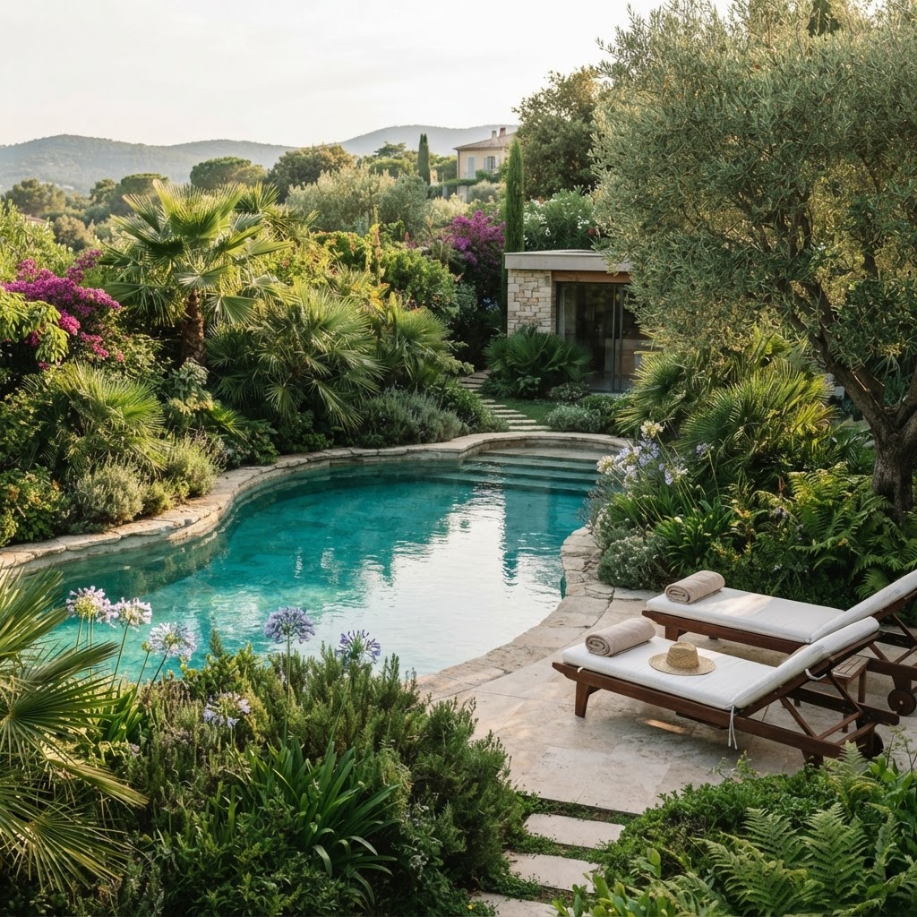 Jardin paysager avec piscine