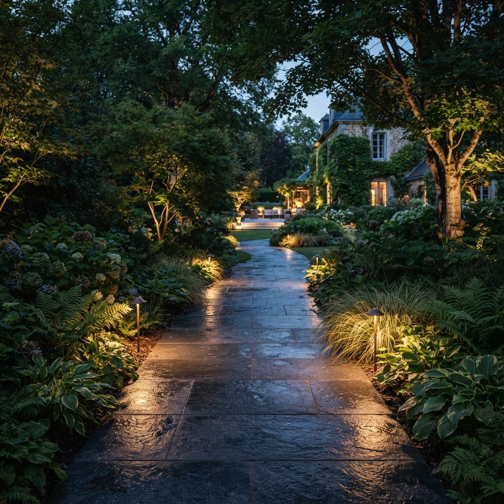 Allée de jardin illuminée
