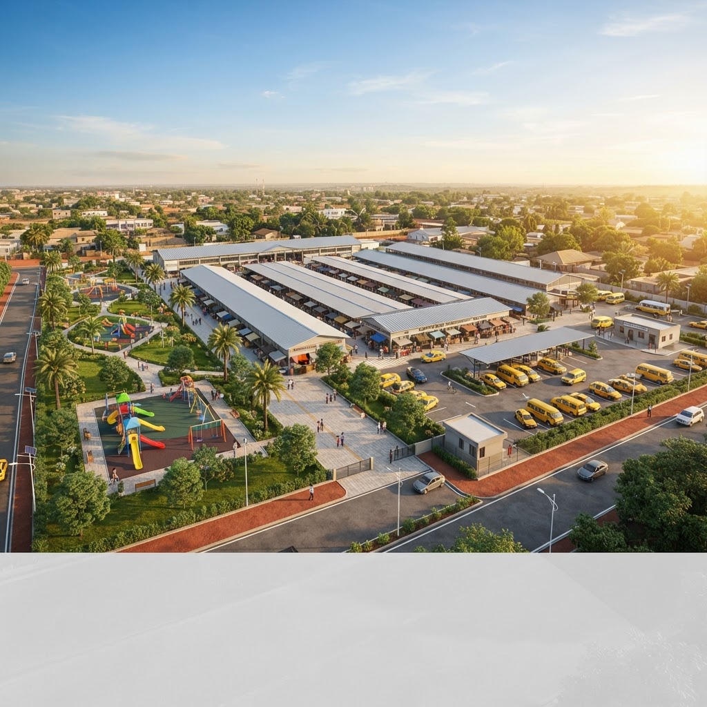 Site layout of the Kanifing South development: children's playground, community market and car (garage) park for the taxi and transport union