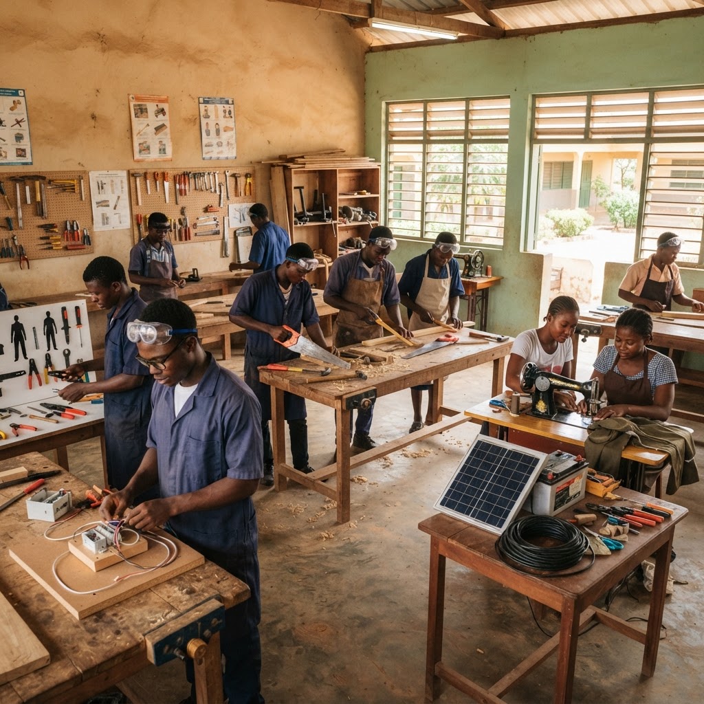 Practical, hands-on training in shared workshops is central to the proposed learning model.