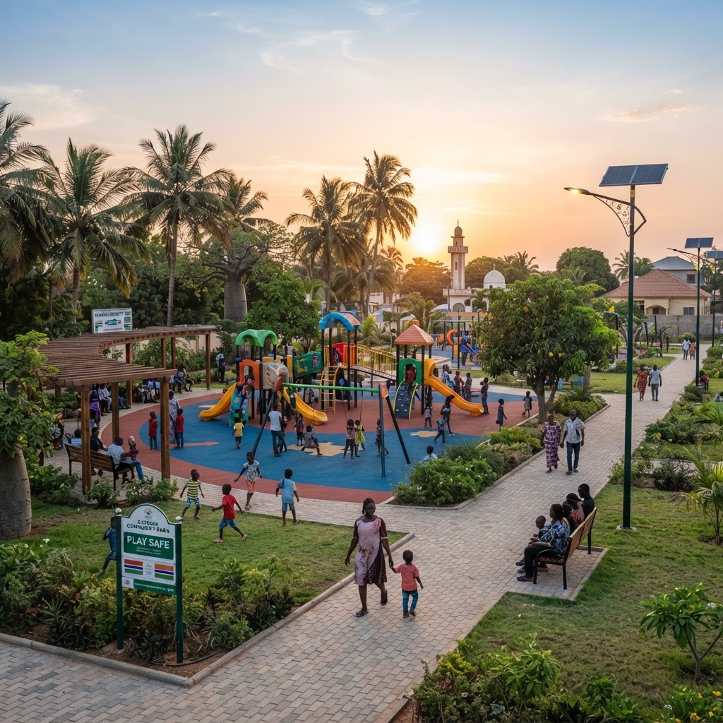 Landscaped park, playground and shaded seating for families