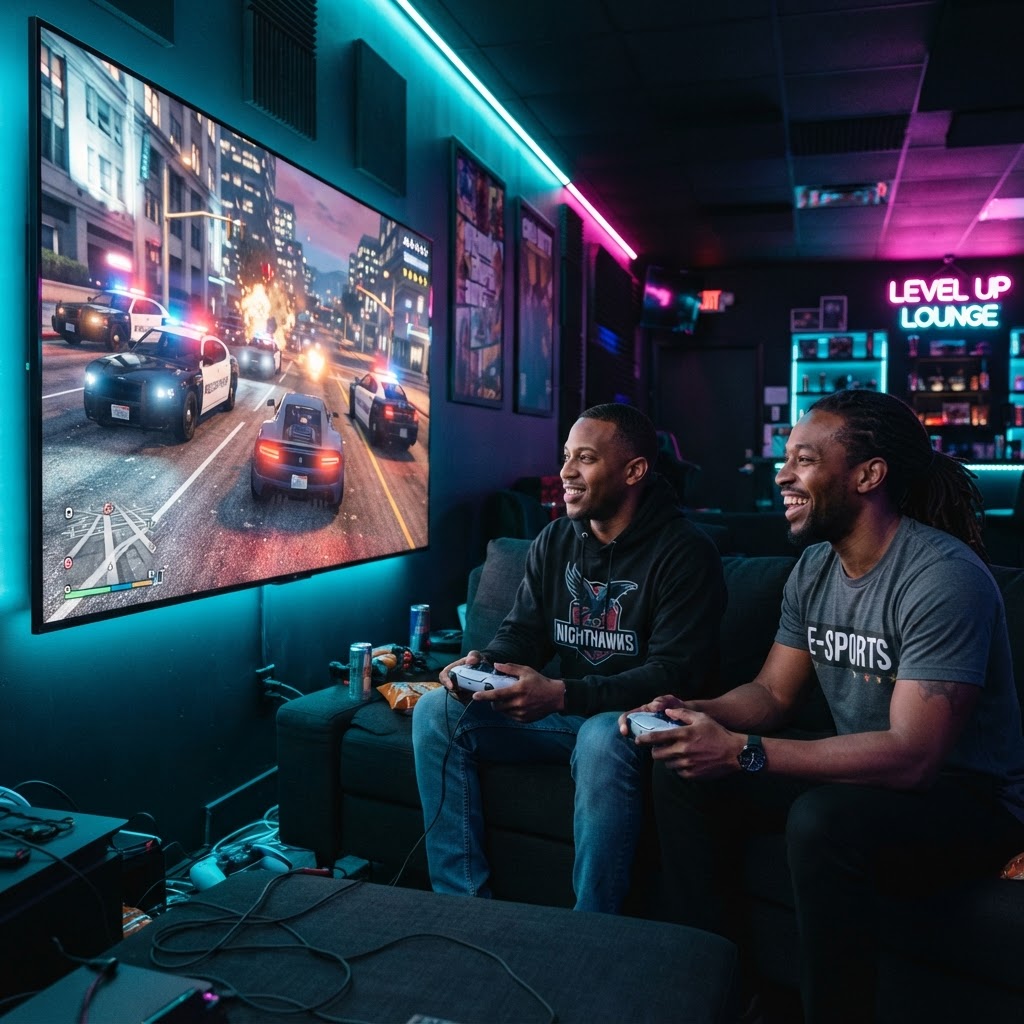 Two adults playing GTA 5 on a big graphic display screen
