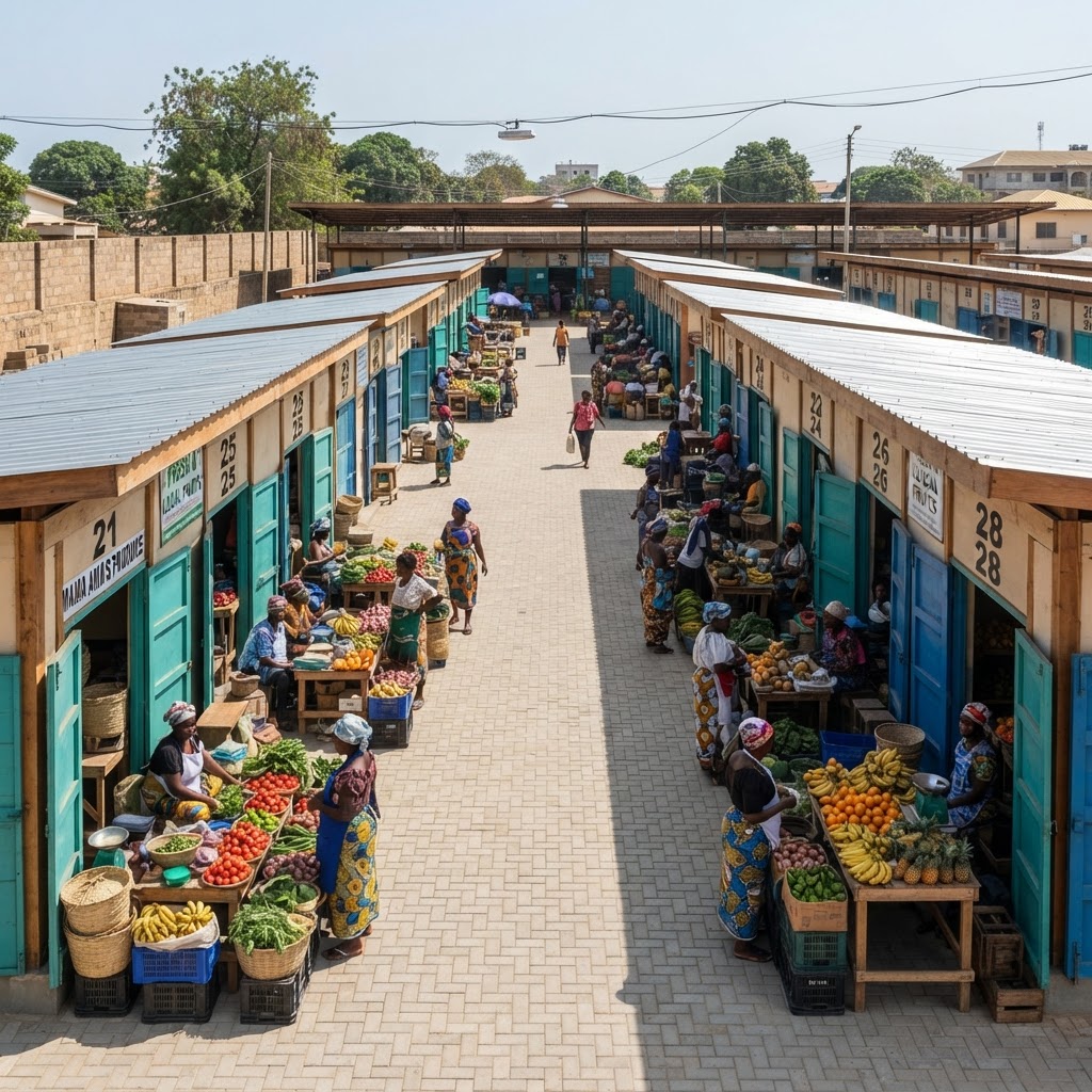 Proposed layout — 40 covered stalls with paved walkways between rows
