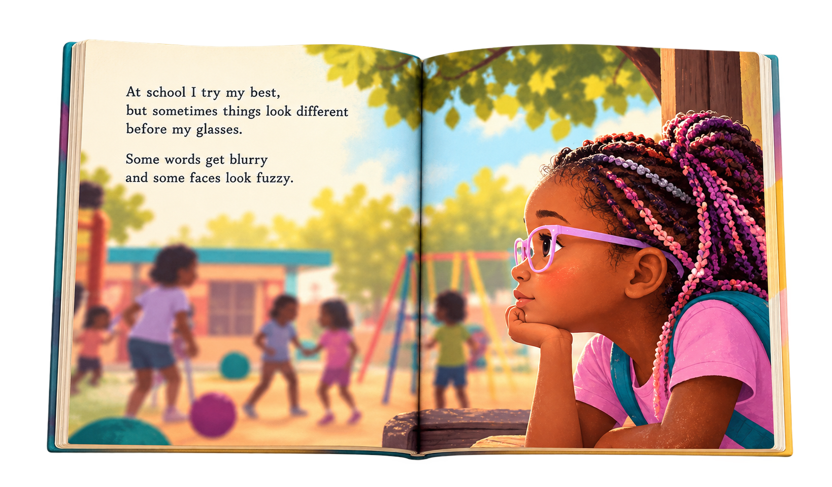 Open picture book showing a playground scene and a girl with glasses