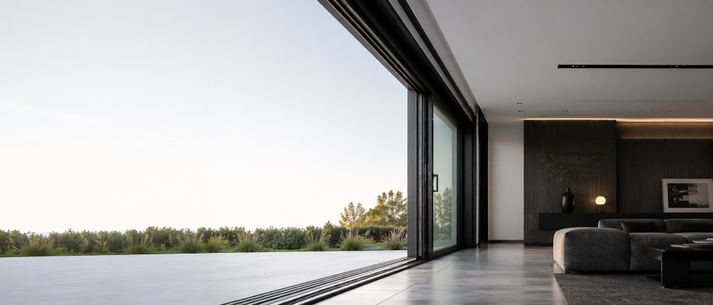Moderne woning met aluminium schuifpui en zicht op tuin