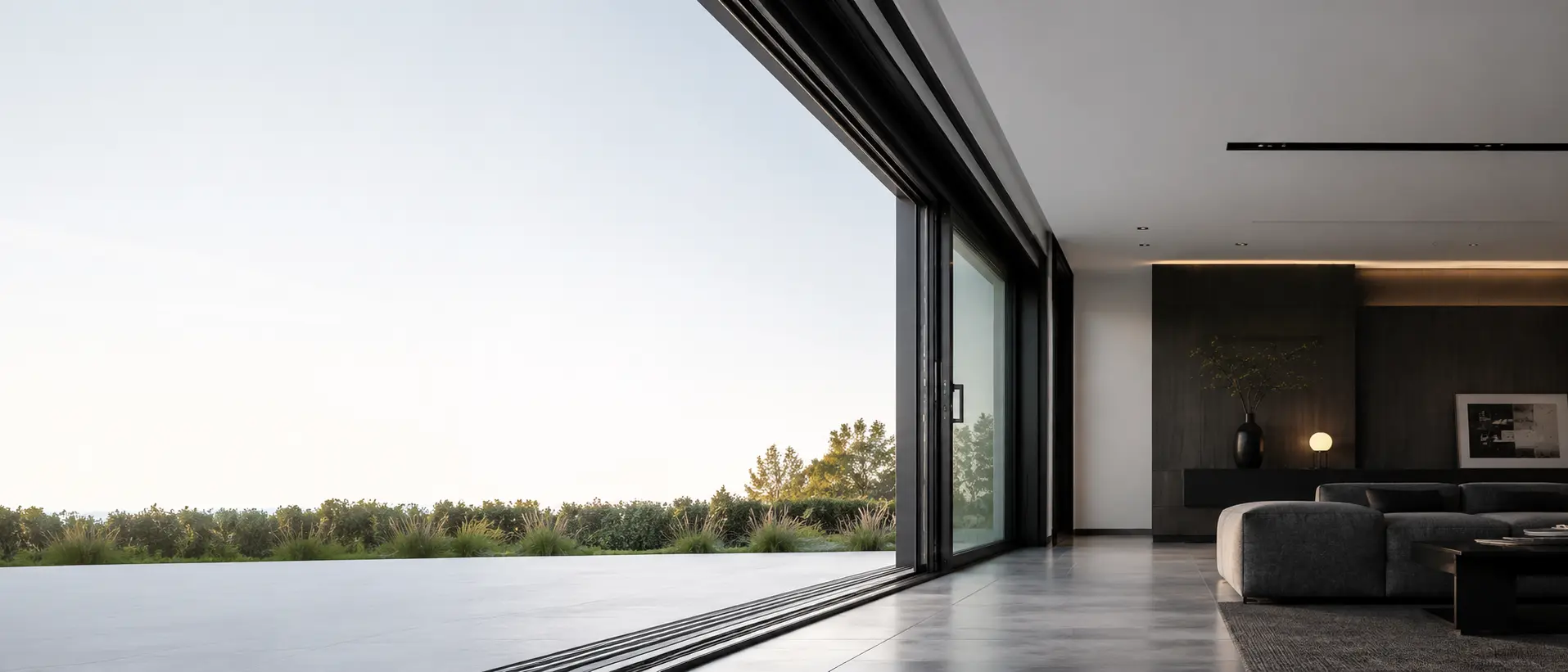 Moderne woning met aluminium schuifpui en zicht op tuin