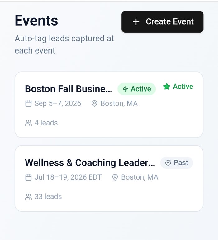 My MASH Card events dashboard showing active and past events with tagged event contacts