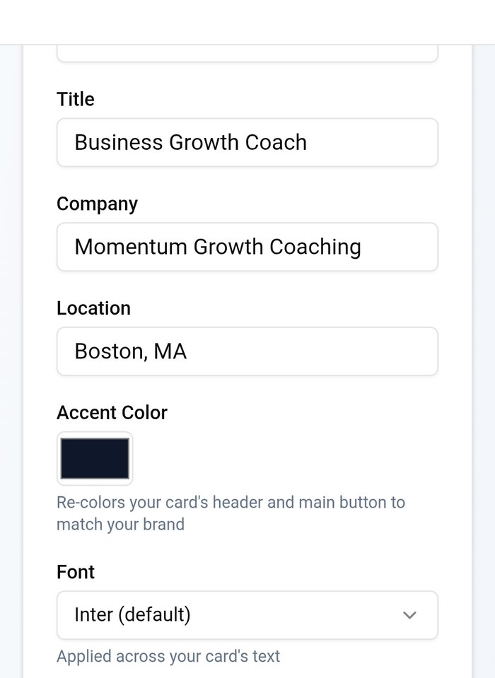 My MASH Card digital business card accent color and font customization