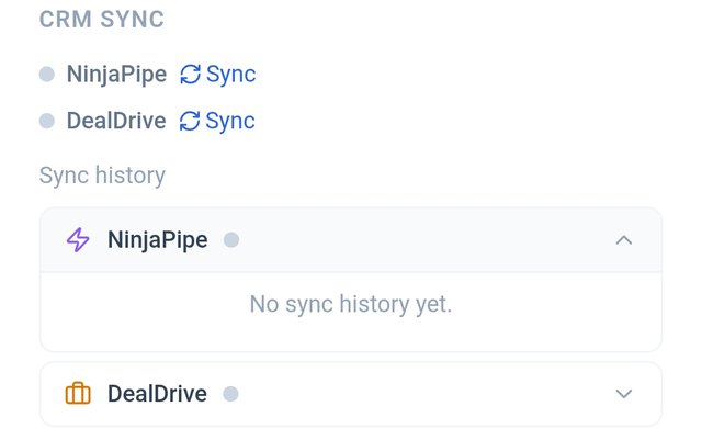 My MASH Card CRM sync status before syncing, showing NinjaPipe and DealDrive not yet connected