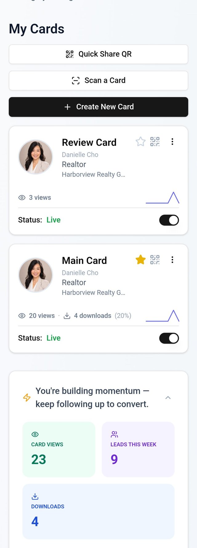 My MASH Card dashboard showing a Main Card and Review Card with views, downloads, and leads tracked
