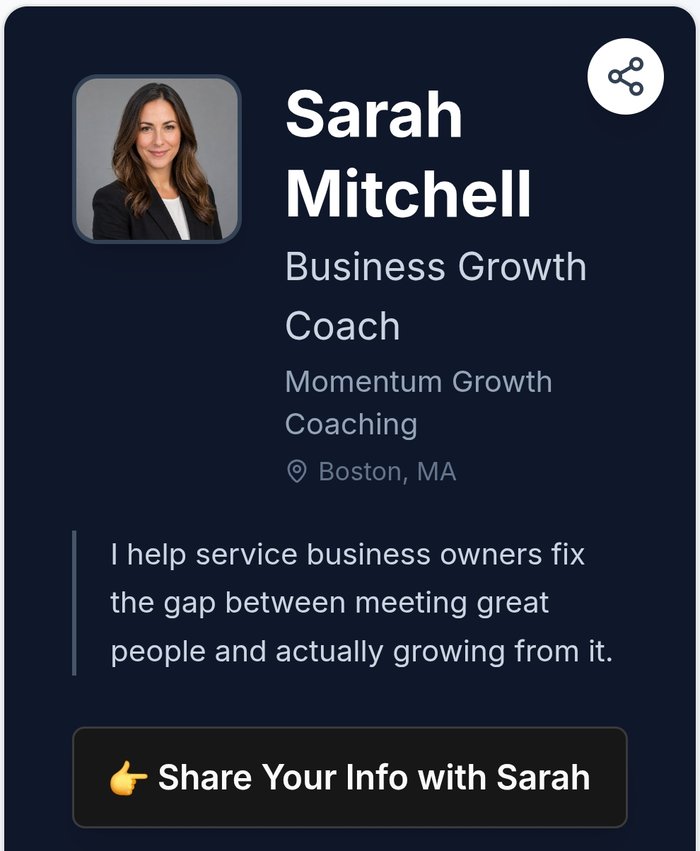 Example of a focused My MASH Card profile for one professional audience, with name, role, and direct contact actions