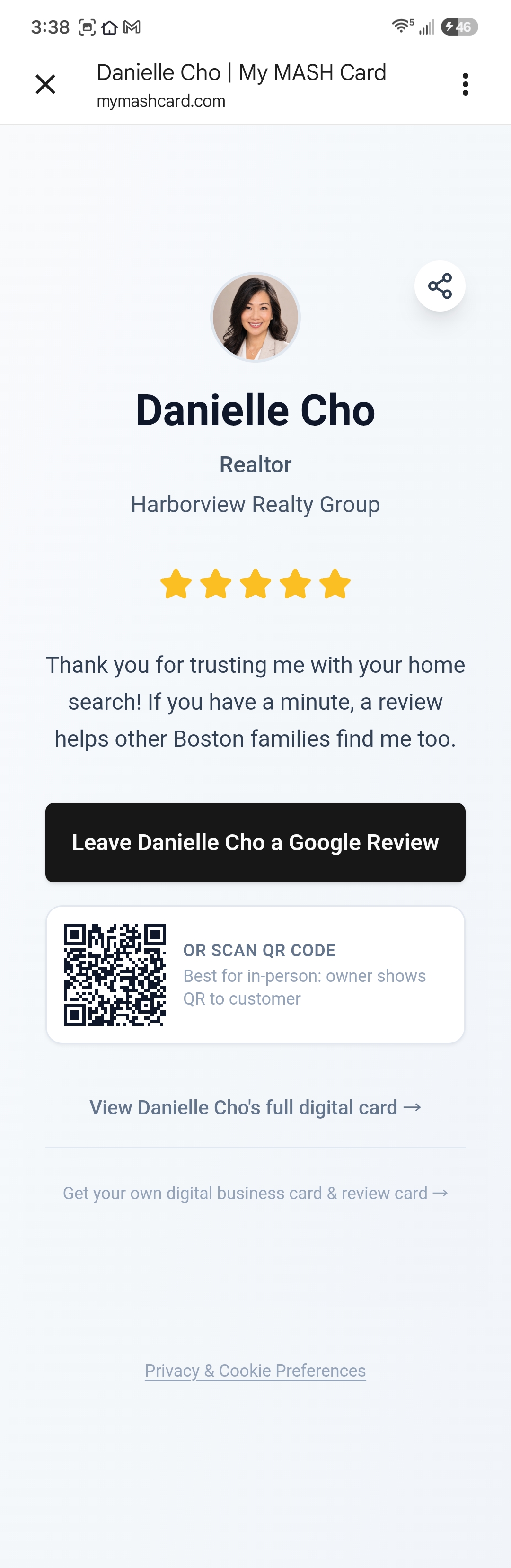 My MASH Card digital business card Review Card showing a Google review request for a realtor