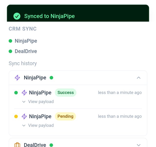 My MASH Card CRM sync status showing successful sync to NinjaPipe and DealDrive