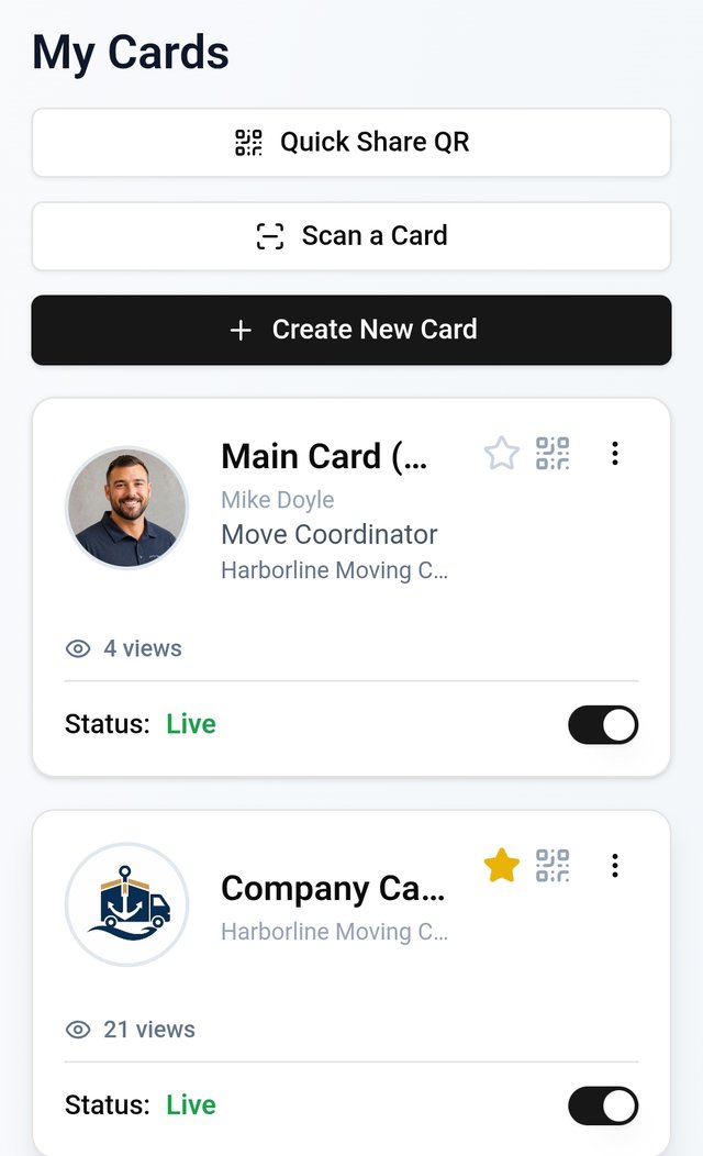 My MASH Card dashboard showing a personal card and a company card with view counts