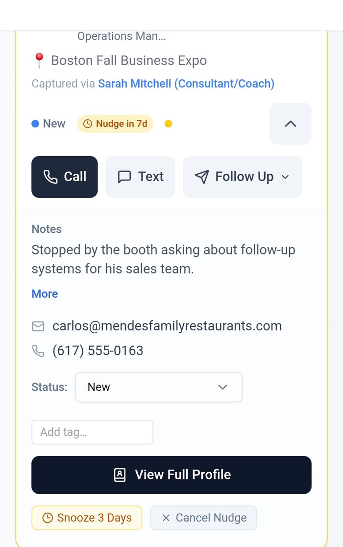 My MASH Card lead with a follow-up nudge showing snooze and cancel options