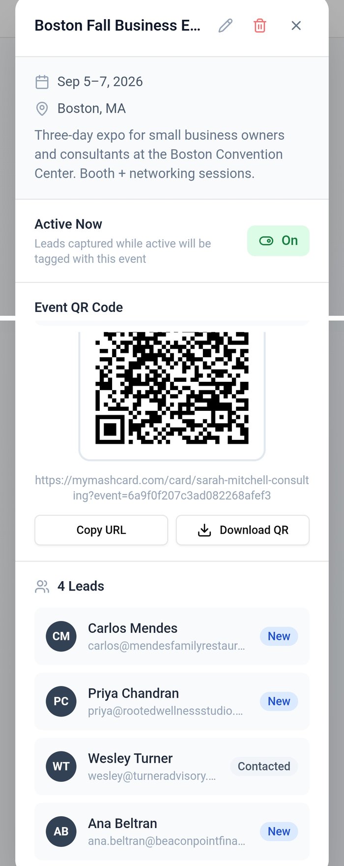 My MASH Card event detail screen shows a QR code alongside captured and tagged networking leads