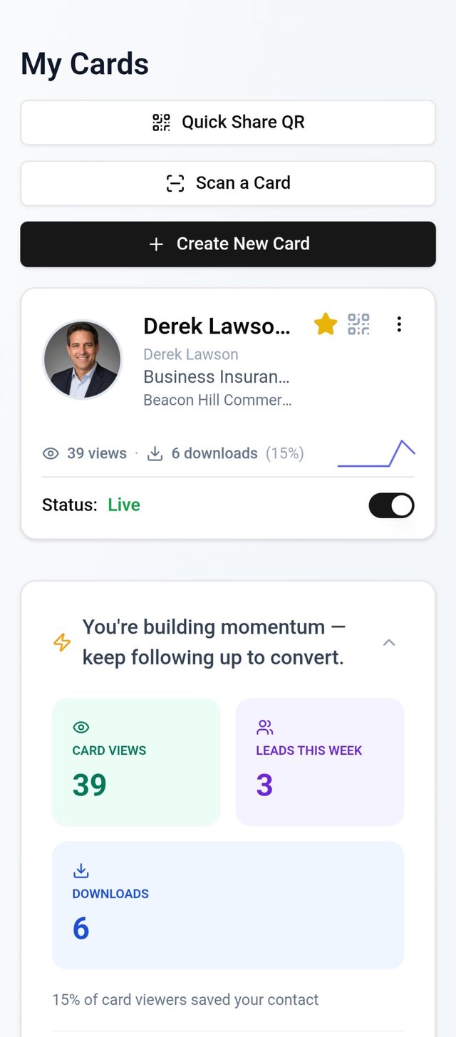 My MASH Card dashboard showing card views, downloads, and leads this week
