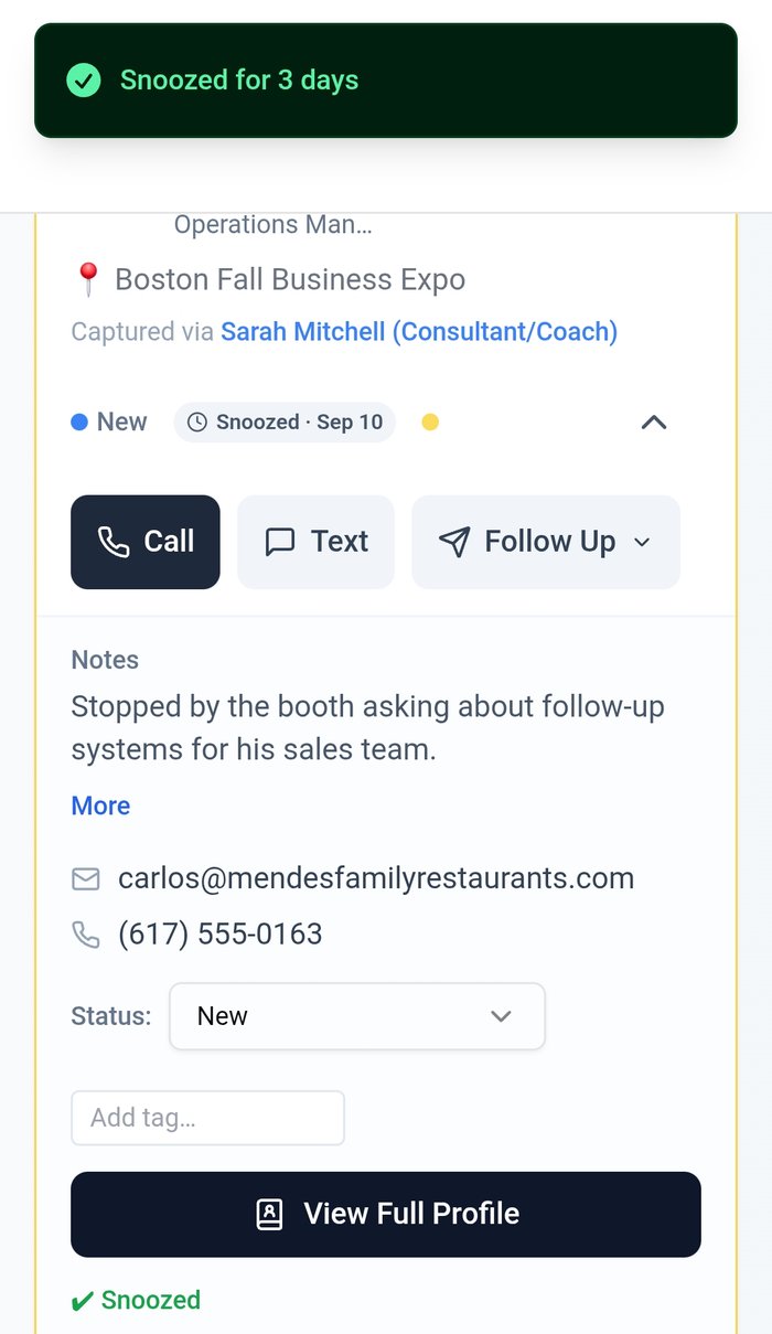 My MASH Card lead follow-up nudge snoozed for 3 days confirmation