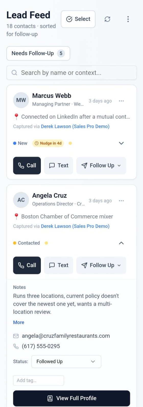 My MASH Card Lead Feed showing an automatic follow-up nudge on an uncontacted lead