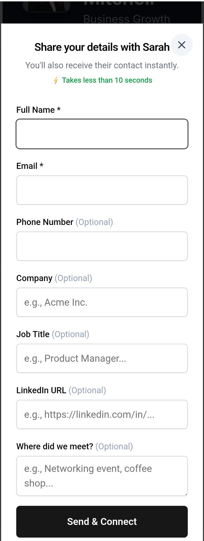 My MASH Card reciprocity modal prompting a visitor to share their contact details