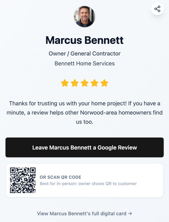 My MASH Card digital business card Review Card showing a Google review request for a contractor