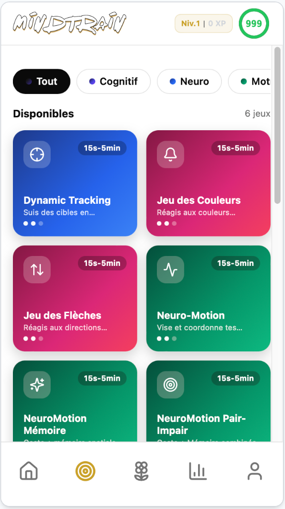 Catalogue des jeux cognitifs Mindtrain — 6 jeux disponibles