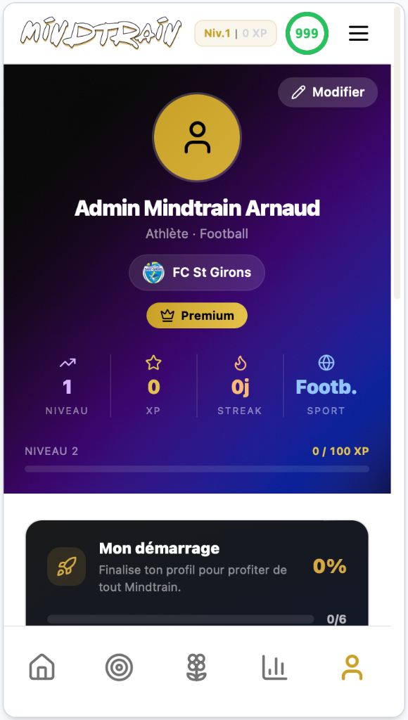 Profil utilisateur Mindtrain — niveau, sport, streak et progression
