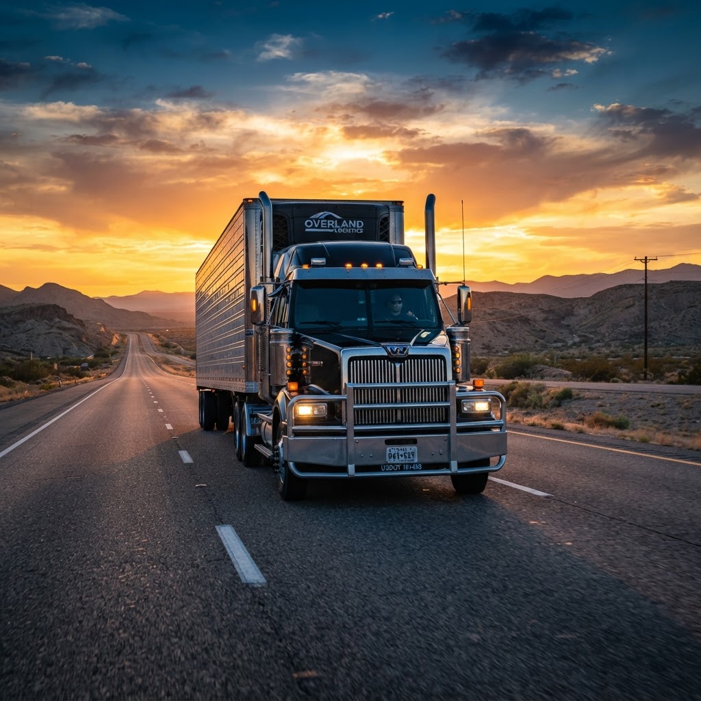 Semi-truck driving on a highway at sunrise