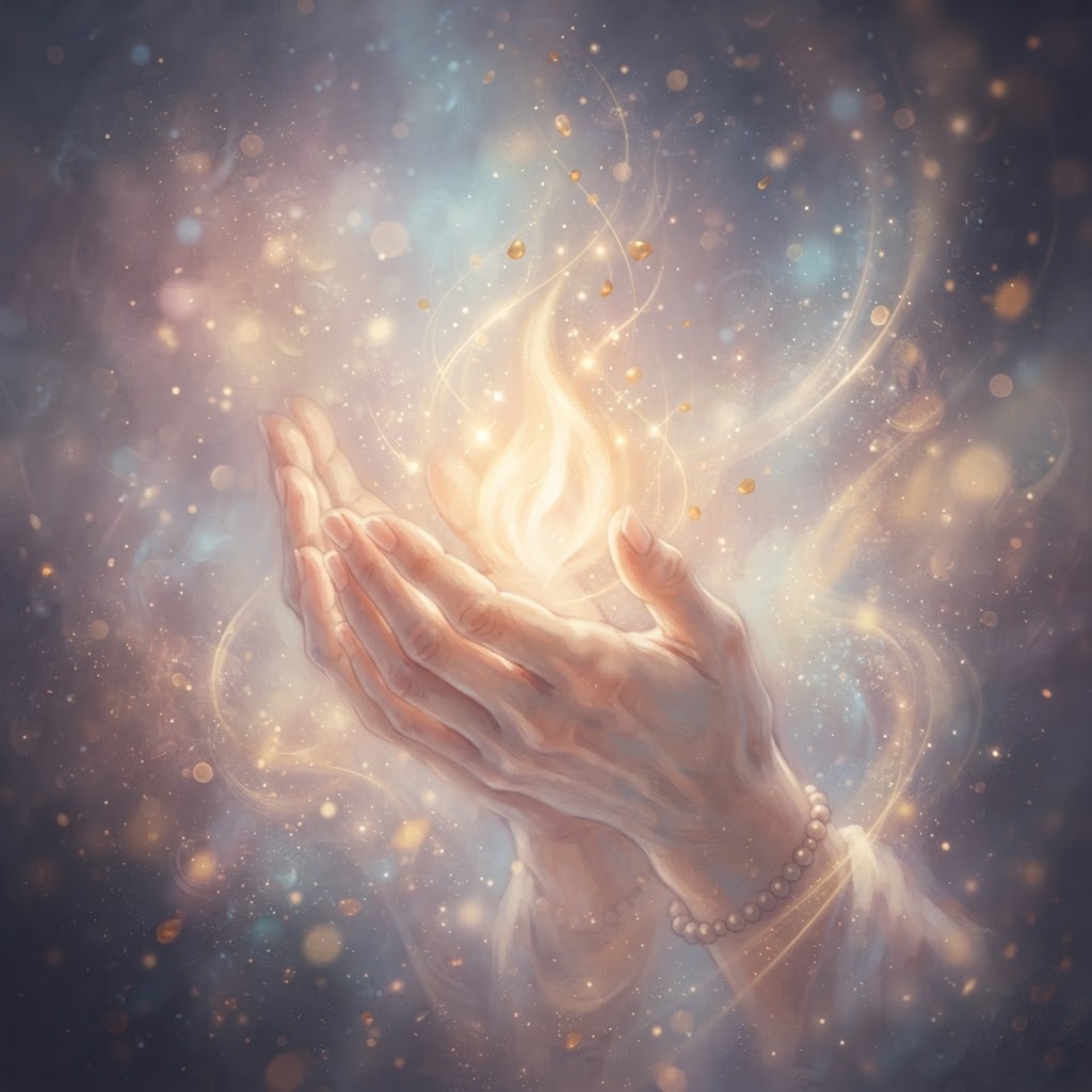Praying hands holding light
