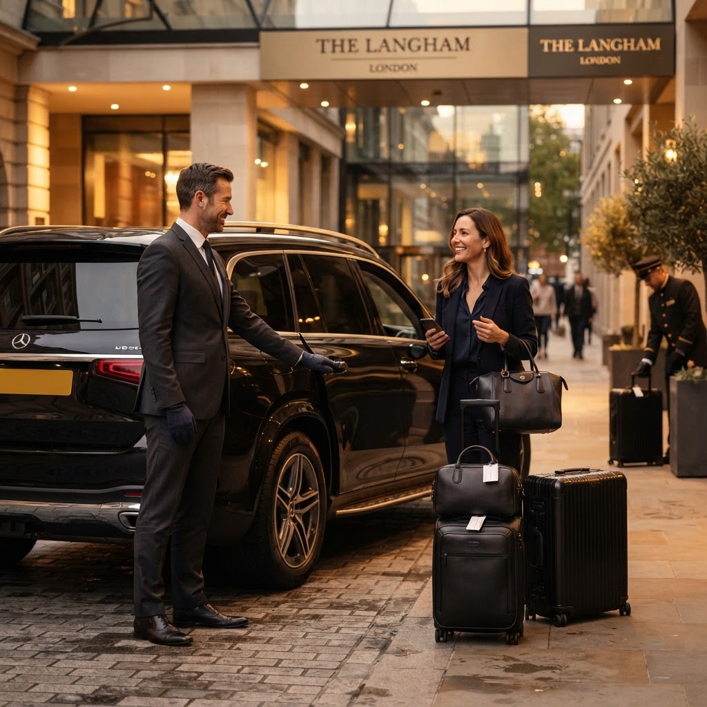 Professional FlexR chauffeur greeting a guest at a hotel entrance