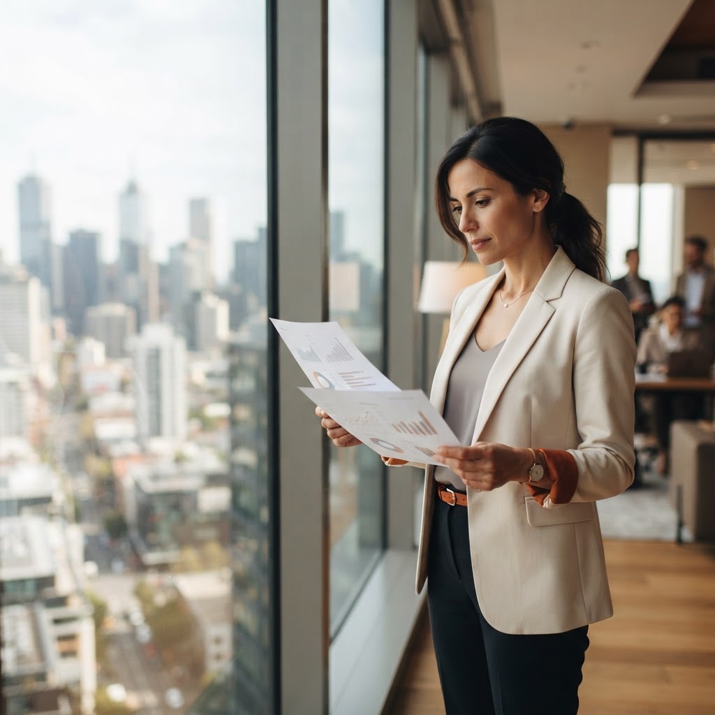 A professional woman reviewing printed charts at a window overlooking a city skyline