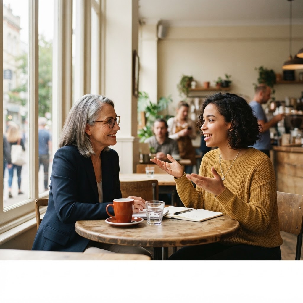 A mentor and a mentee in conversation over coffee at a bright cafe table