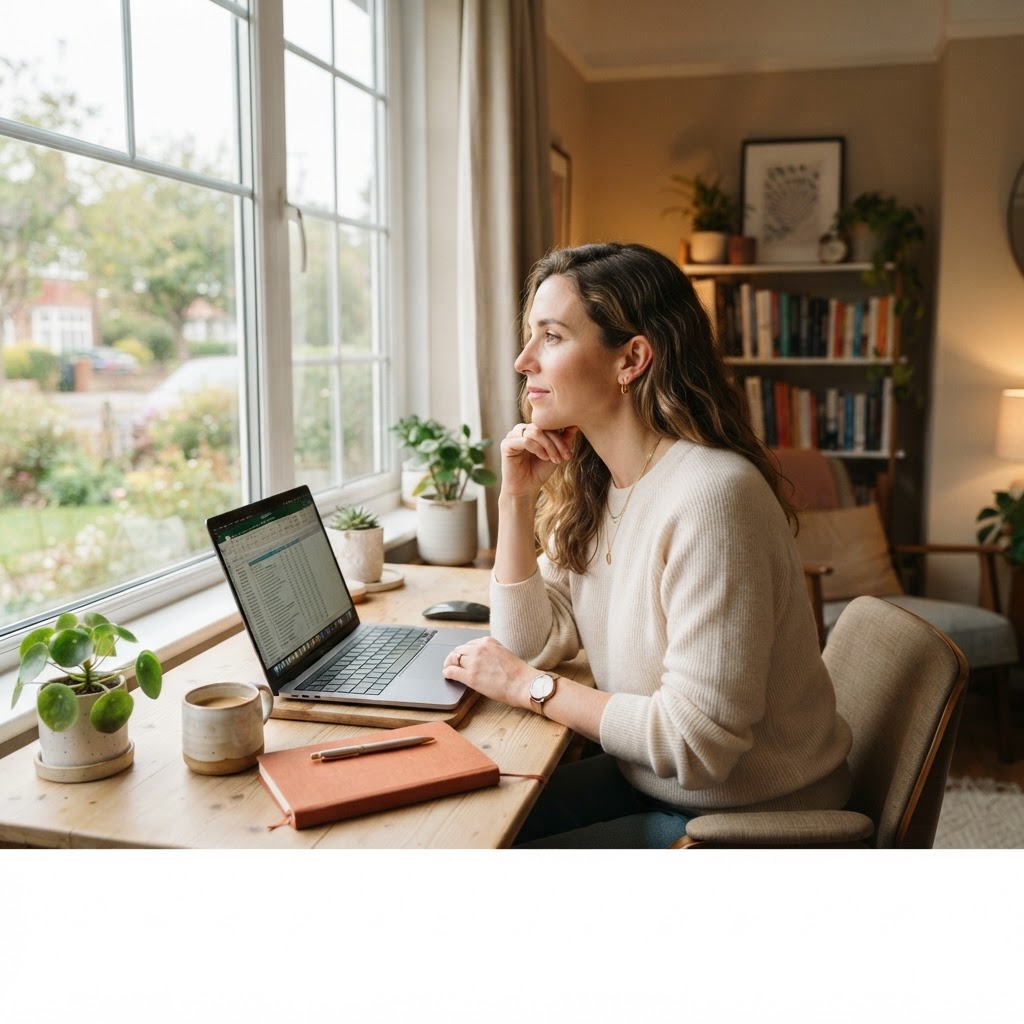 A professional woman sitting at a desk in a warm home office, looking thoughtfully out of the window while her laptop sits open