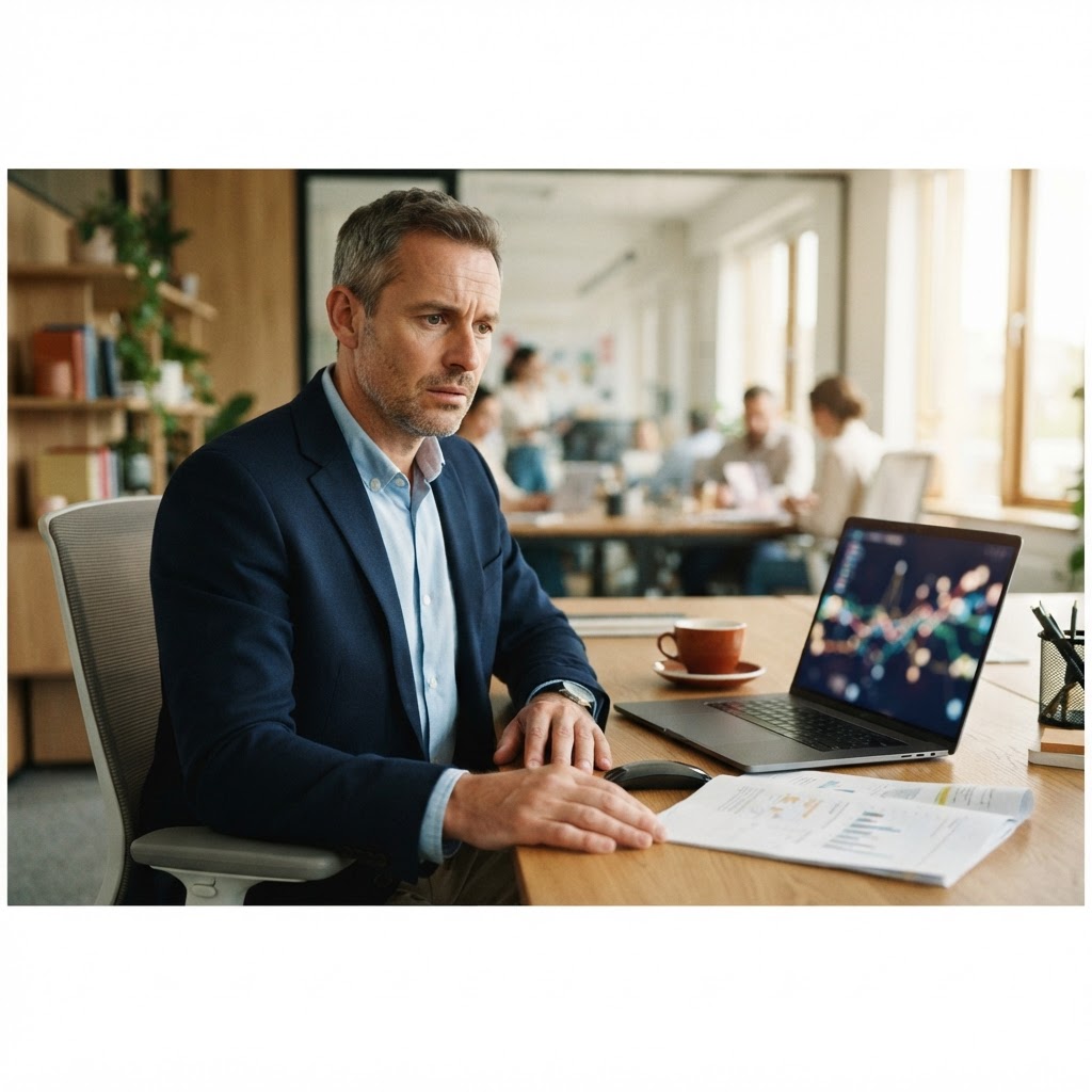 A professional at his desk looking at a glowing laptop screen showing abstract hiring data