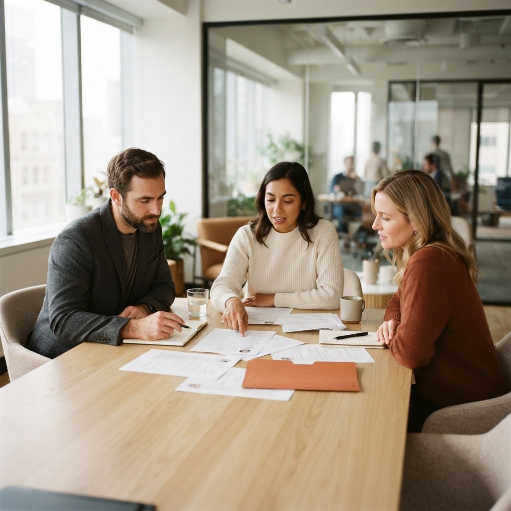 Three members of a hiring team reviewing printed resumes around a meeting room table
