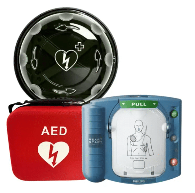 Philips HeartStart HS1 med väska och Rotaid Plus skåp