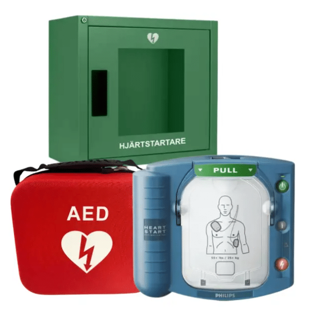 Philips HeartStart HS1 med väska och larmat inomhusskåp