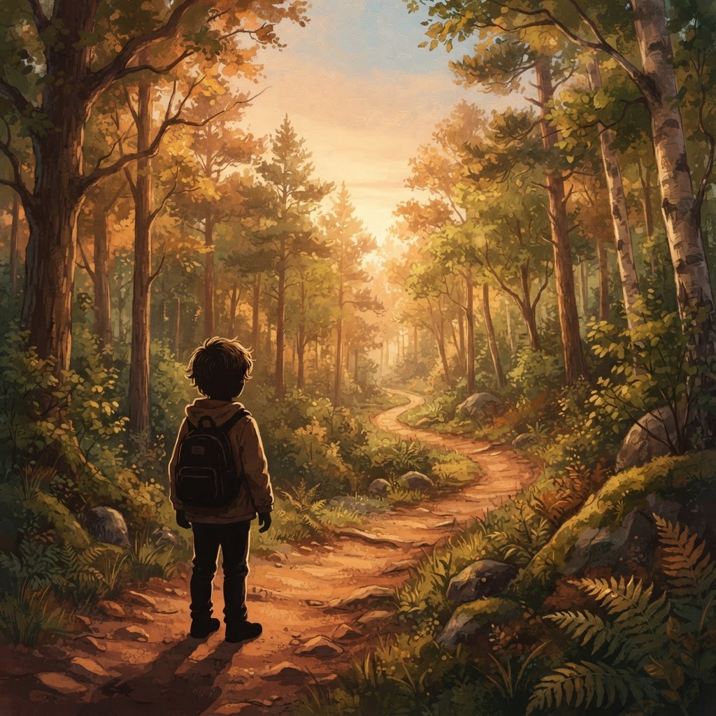 A winding forest trail at golden hour