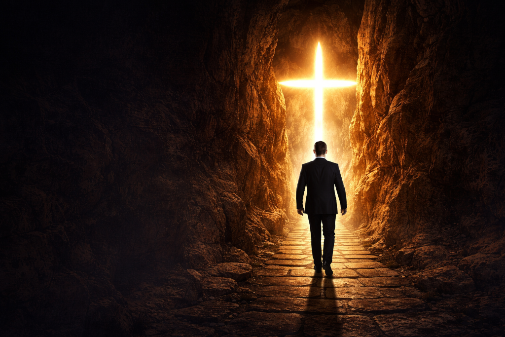 Man walking toward the cross