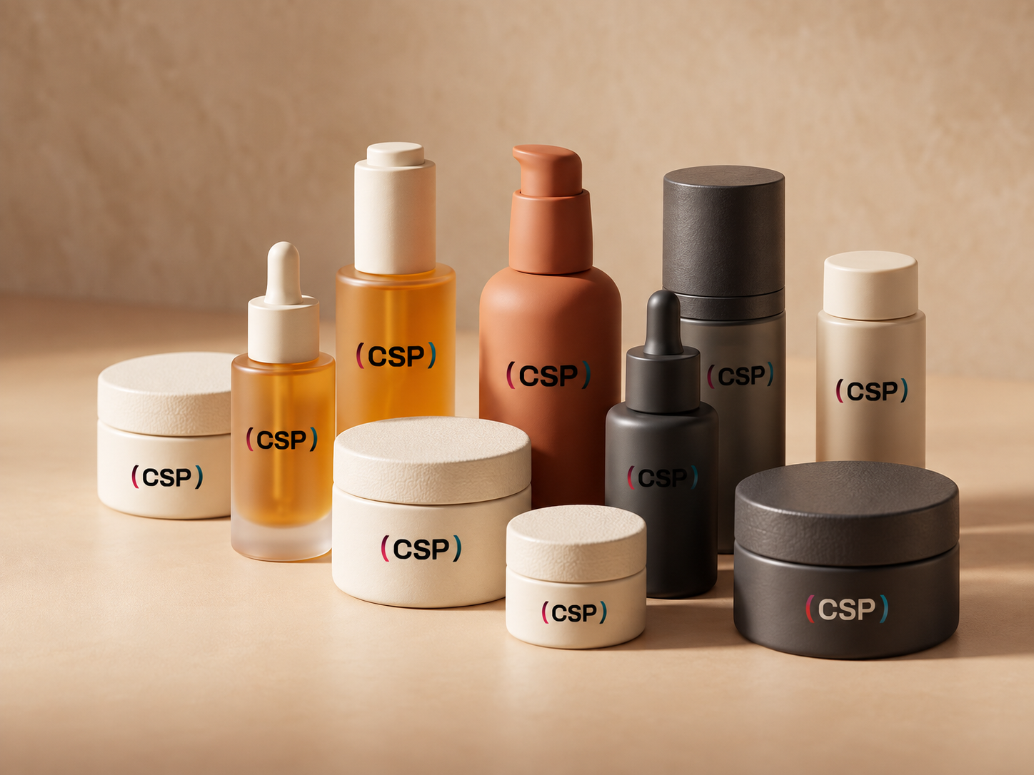Frascos e embalagens de cosméticos em uma composição de estúdio em tons naturais
