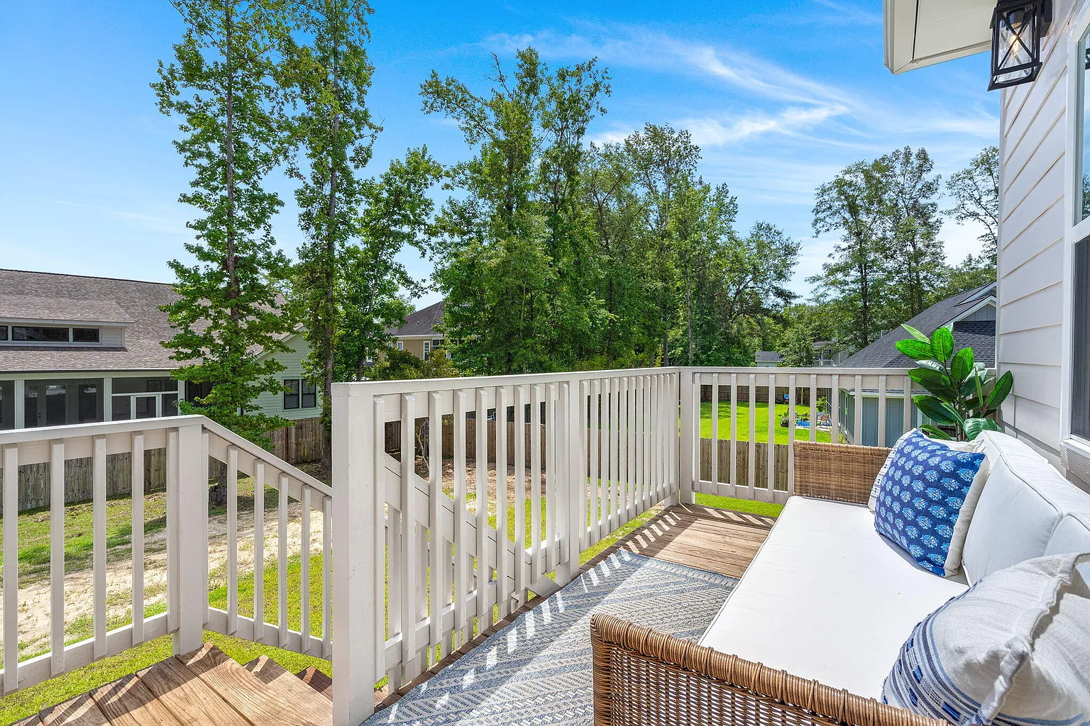Open upper deck with blue-and-white outdoor seating